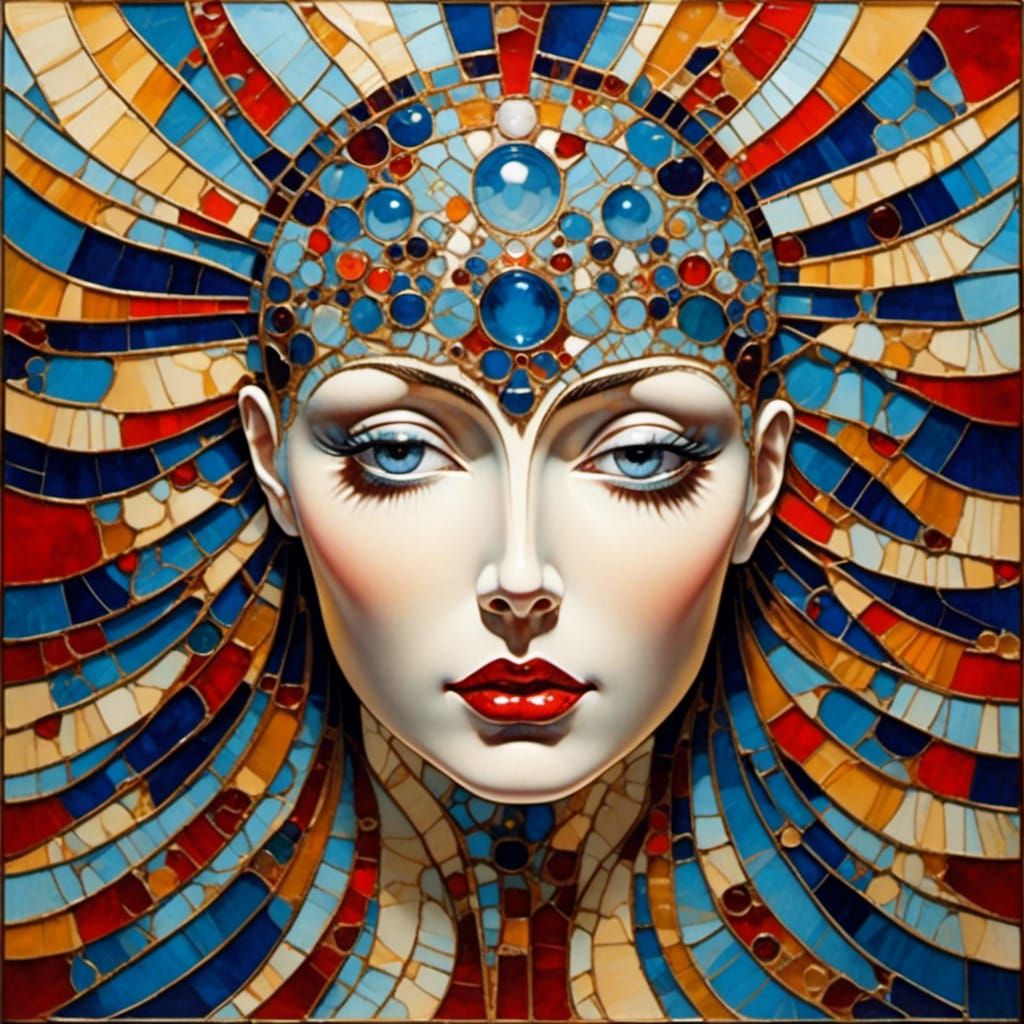 Colorful Mosaic Woman Portrait in Art Brut Style