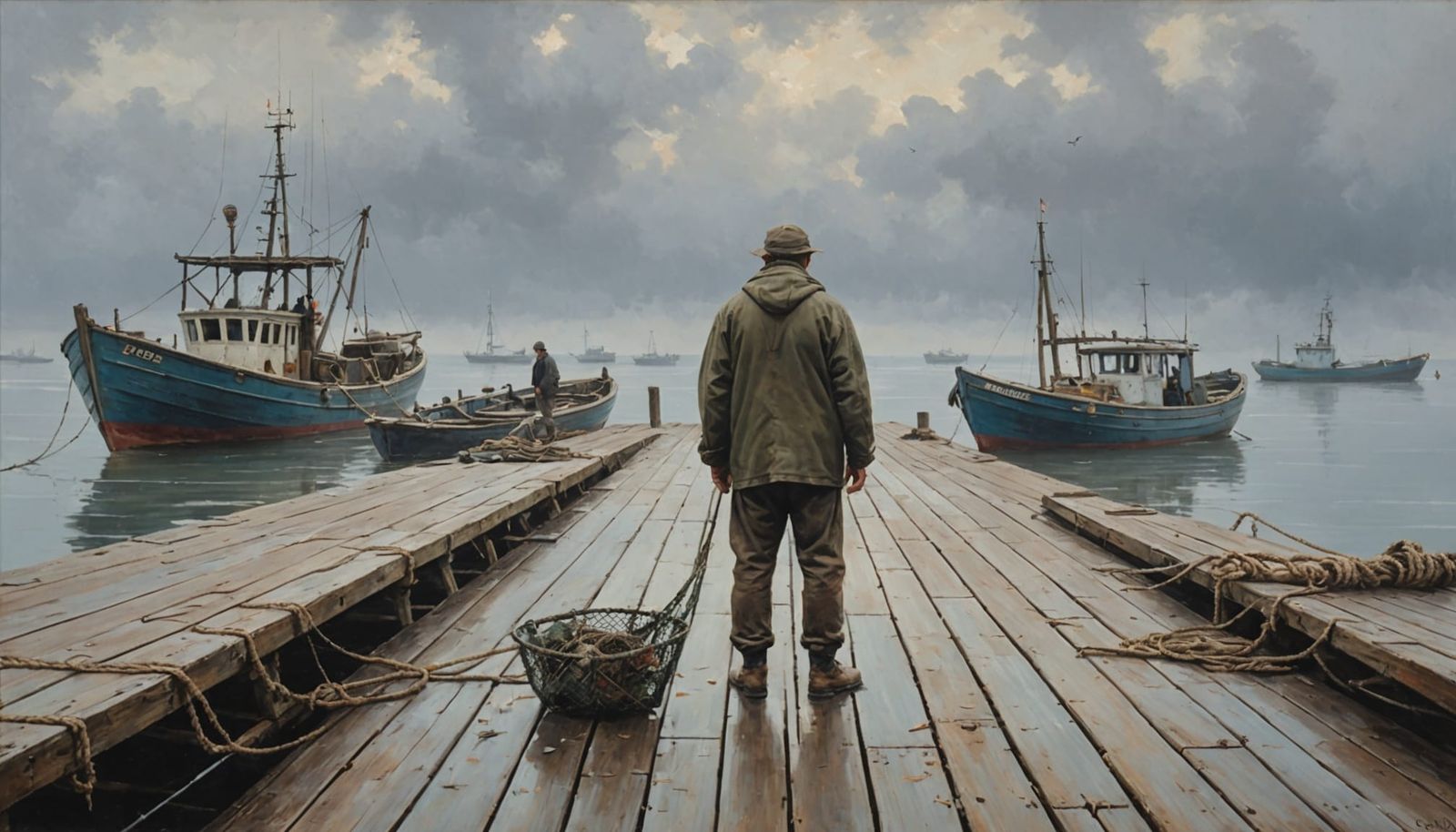Weathered Fisherman Mends Net on Foggy Pier