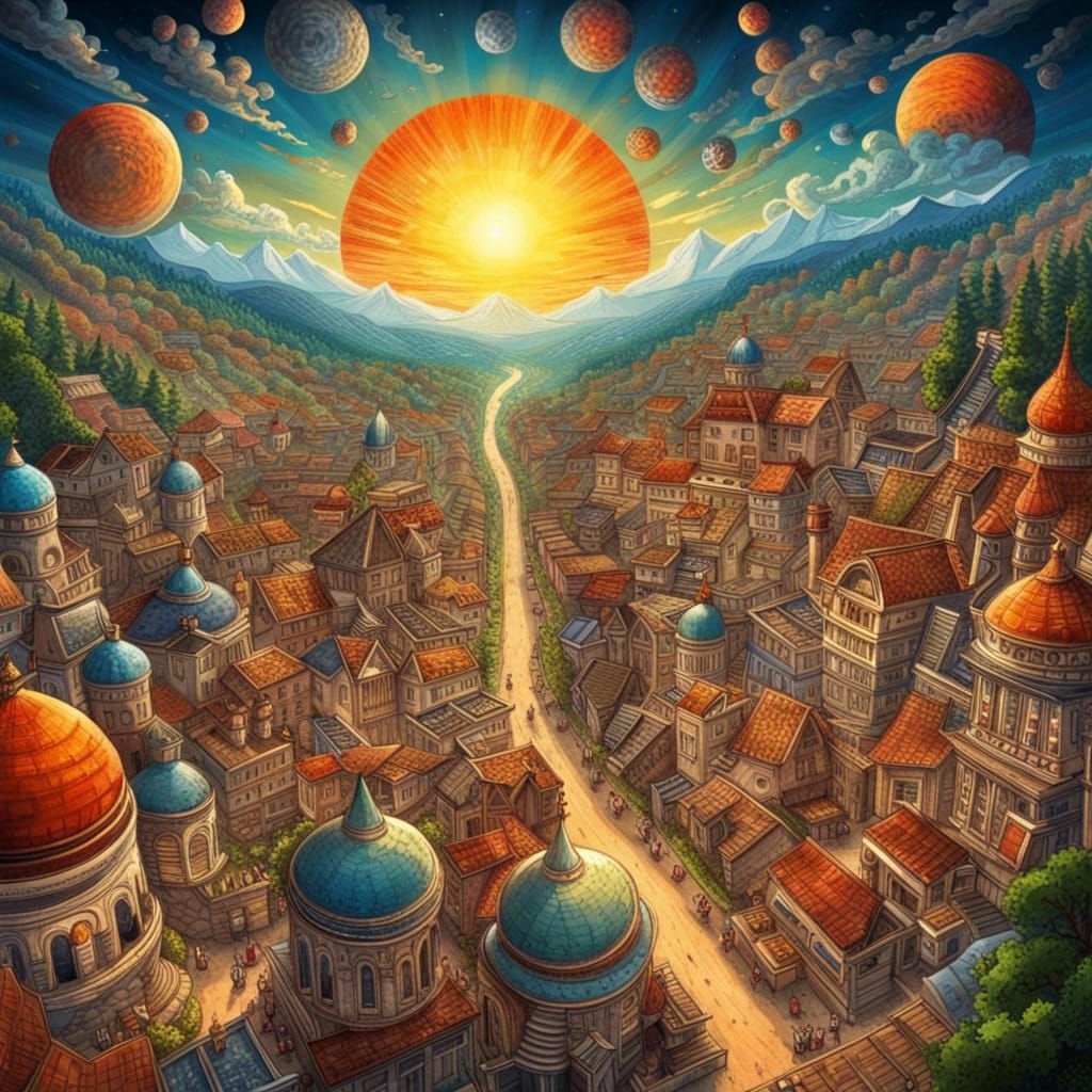 Vibrant Sunrise Over Small Town in Dadaist Style