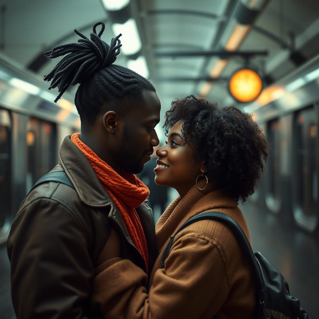 African American Couple Connects in New York City Train Stat...