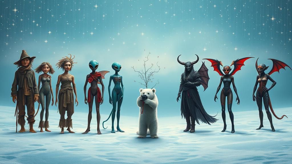 Ethereal Beings in Parallel Rows on Snowy Terrain