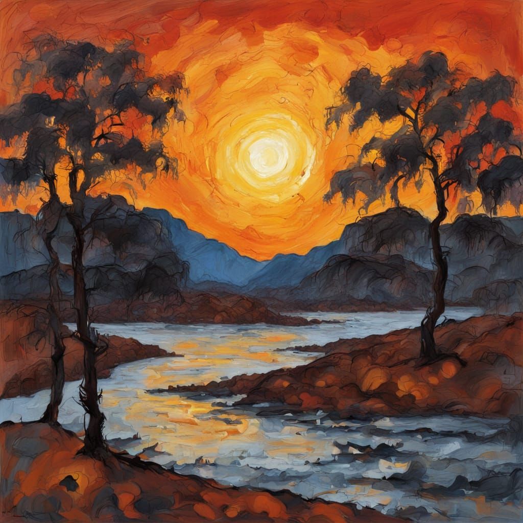 Sunset Landscape in Georg Baselitz Style