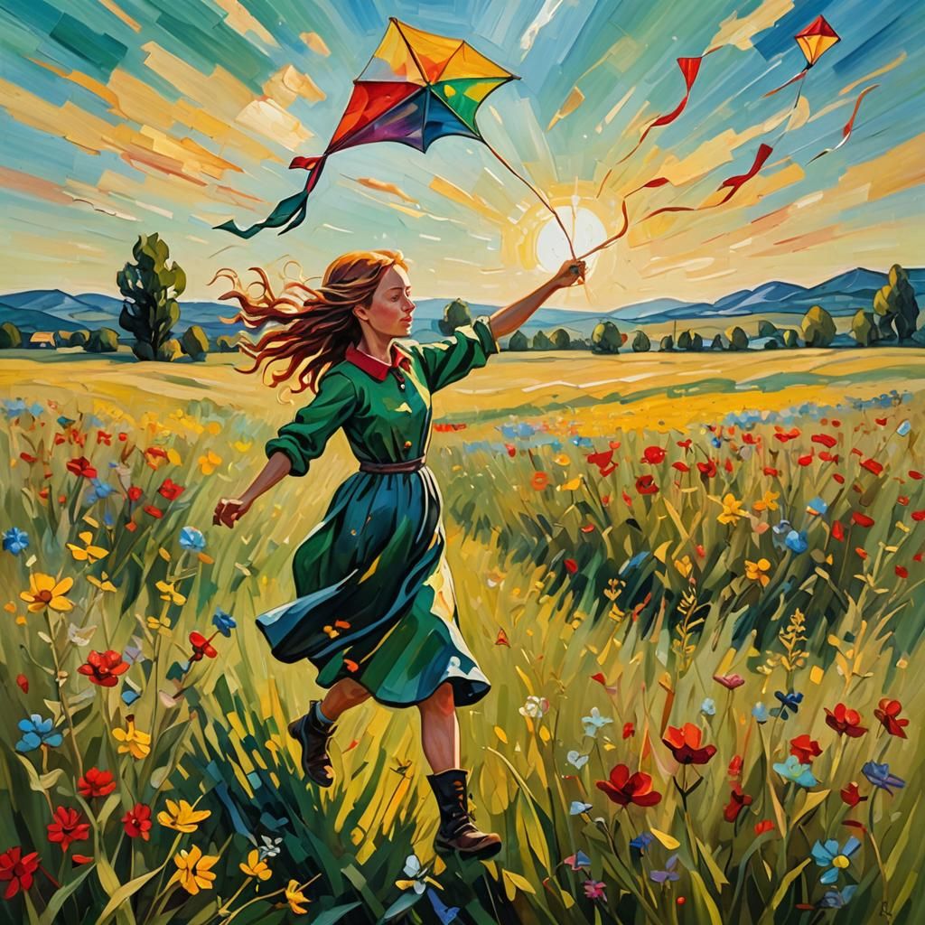 Girl Flying Kite in Sunny Field: Van Gogh-Inspired Oil Paint...