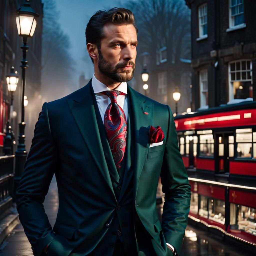 Elegant Man with Paisley Tie in London Fog