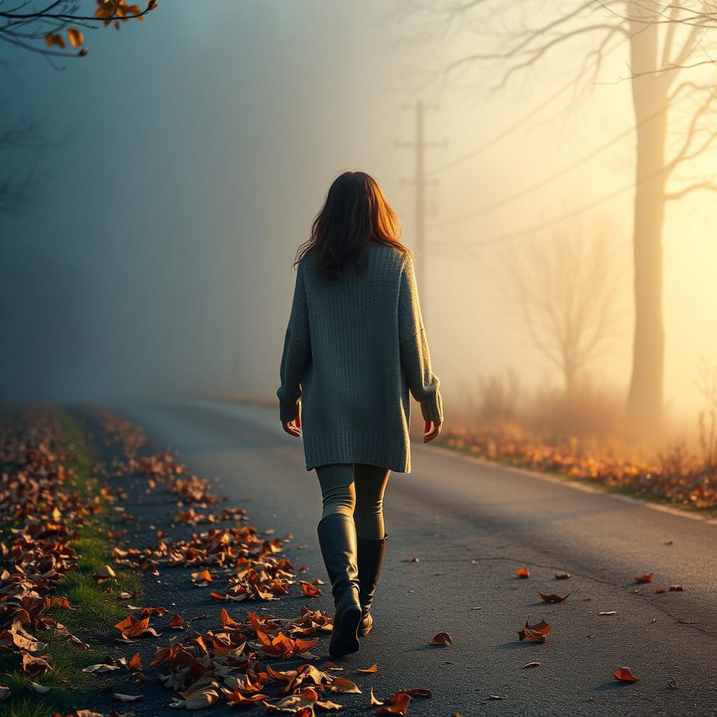 Woman Walking on Leafy Road in Morning Fog