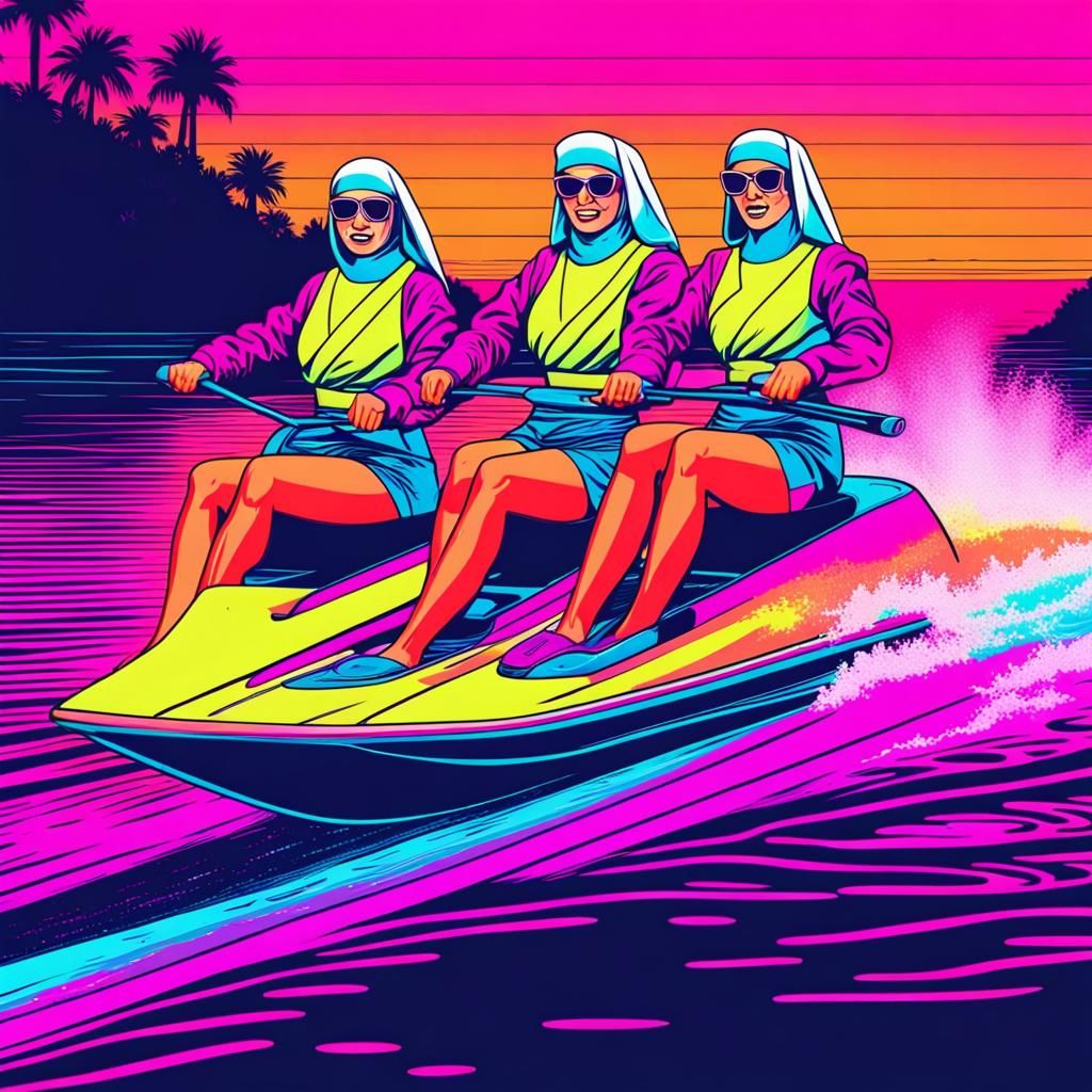 Nuns Water Skiing in Synthwave Neon Style