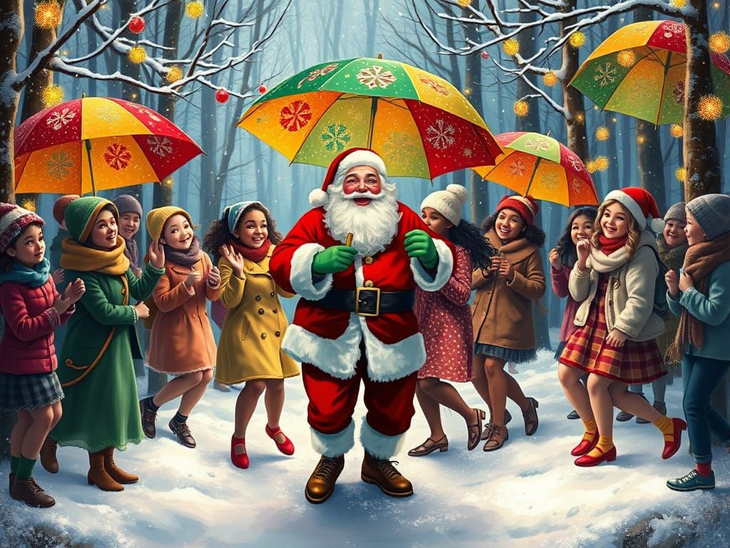 Joyful Diverse Group Celebrates Christmas in a Snowy Forest...