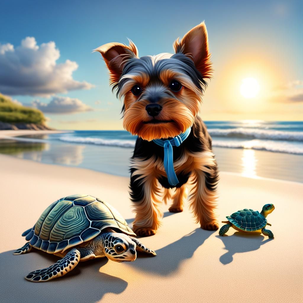 Yorkie and Turtle Encounter: 3D Render Photo