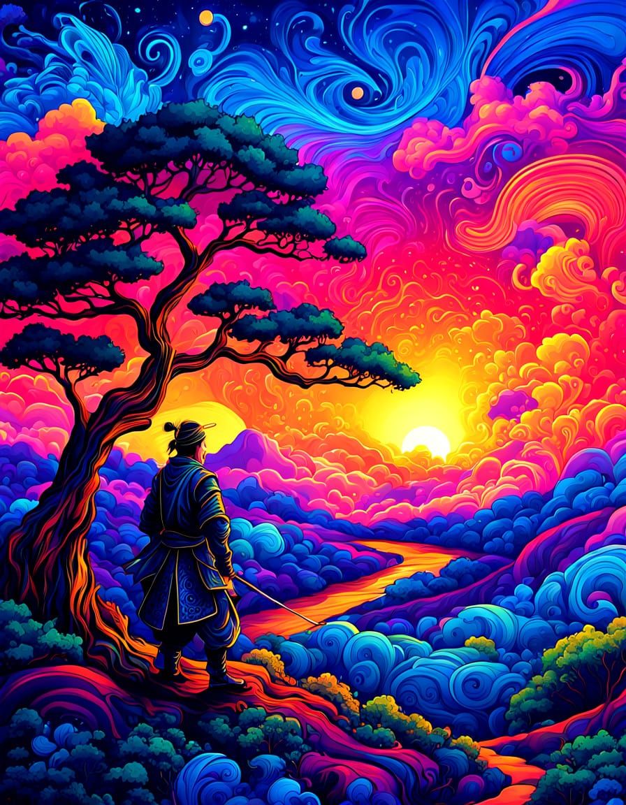 Noble Samurai in Surreal Cosmic World Psychedelic Ink Painti...