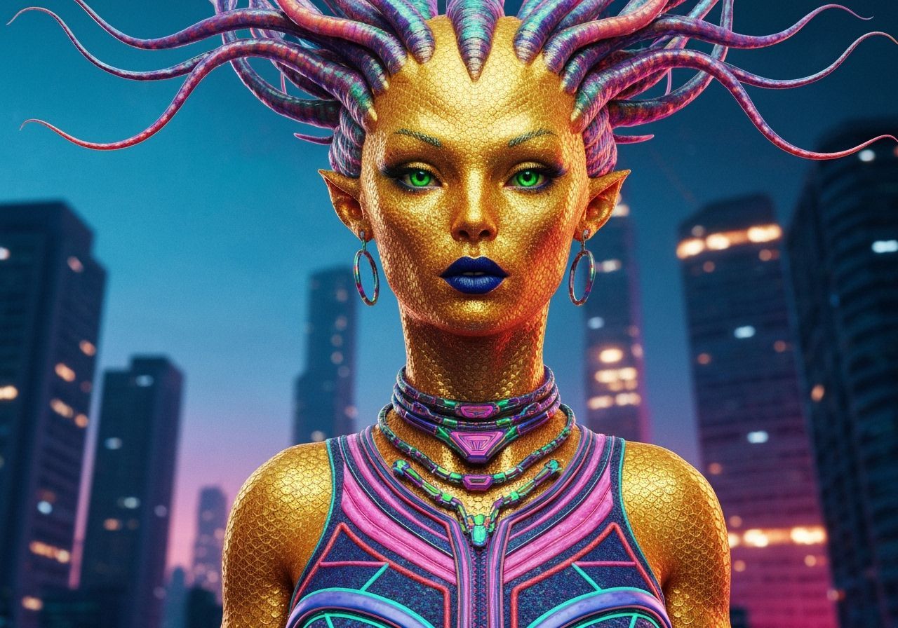Alien Female with Golden Skin and Tentacles in Synthwave Cit...