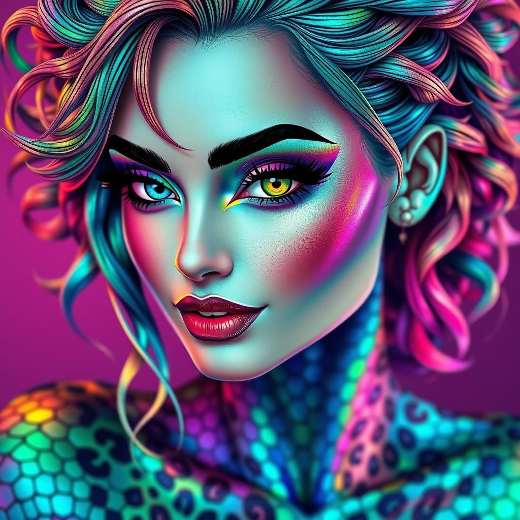 Rainbow Dragon Woman with Peacock Hair, Digital Art