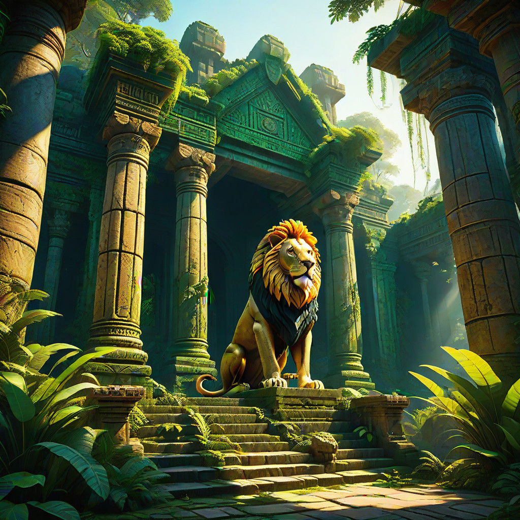 Regal Lion Amidst Ancient Jungle Ruins in Golden Light