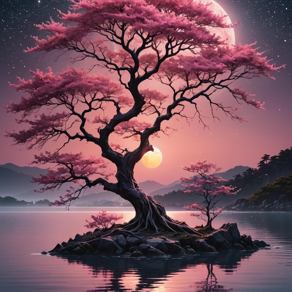 Mystical Pink Tree on Moonlit Island