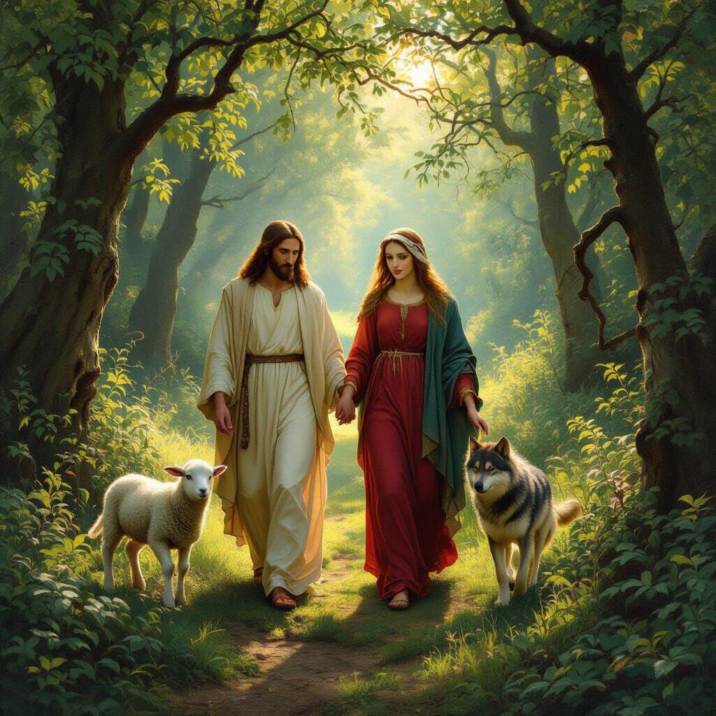 Jesus and Mary Magdalene with Wolf and Lamb in Forest