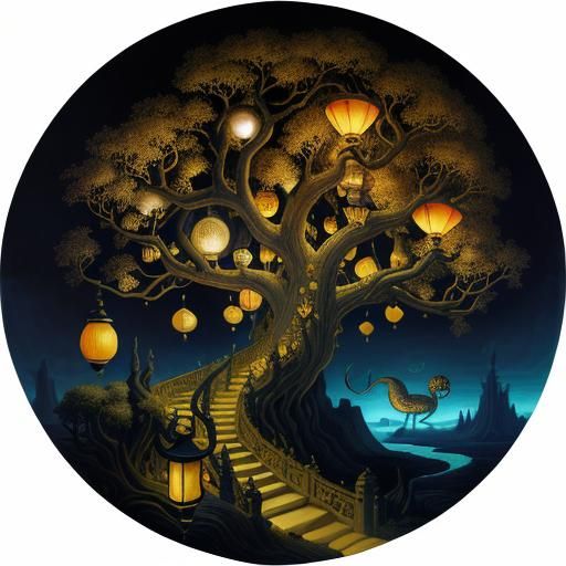 Surreal Fruit Tree Landscape with Serpent and Sorceress