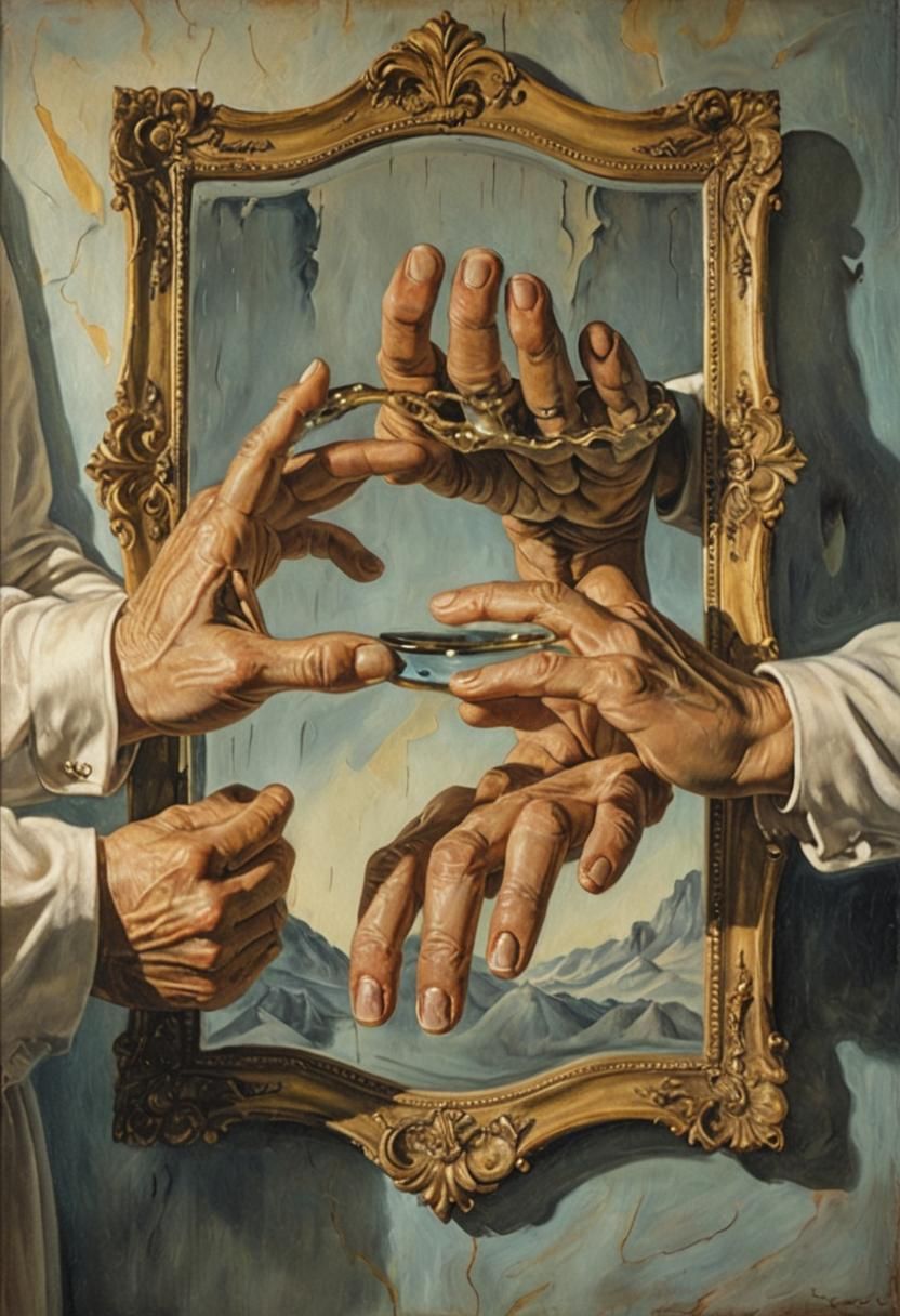 Surreal Hands Hold Mirror in Misty Room