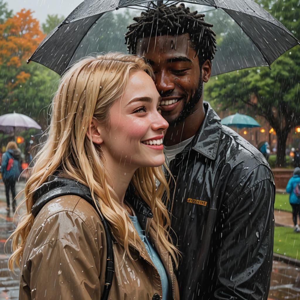 Romantic Kiss in Rain: Hyperrealistic College Scene