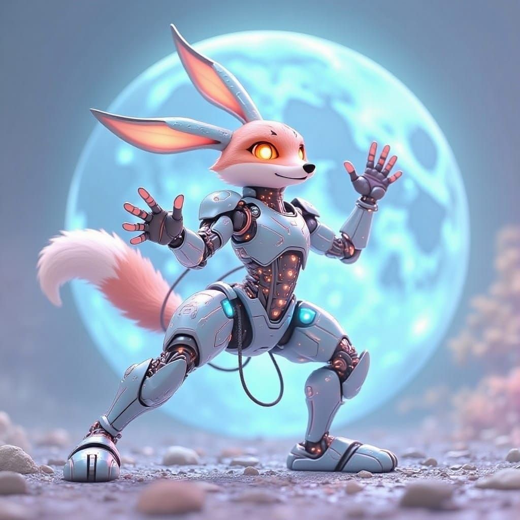 Robot Battle Bunny on Blue Moon in 3D Anime Style