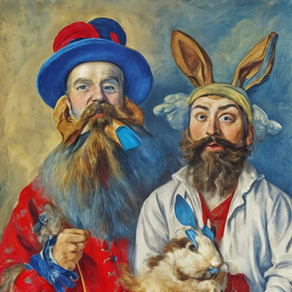 Blue Rabbit with Rainbow Beard, Whimsical Portrait