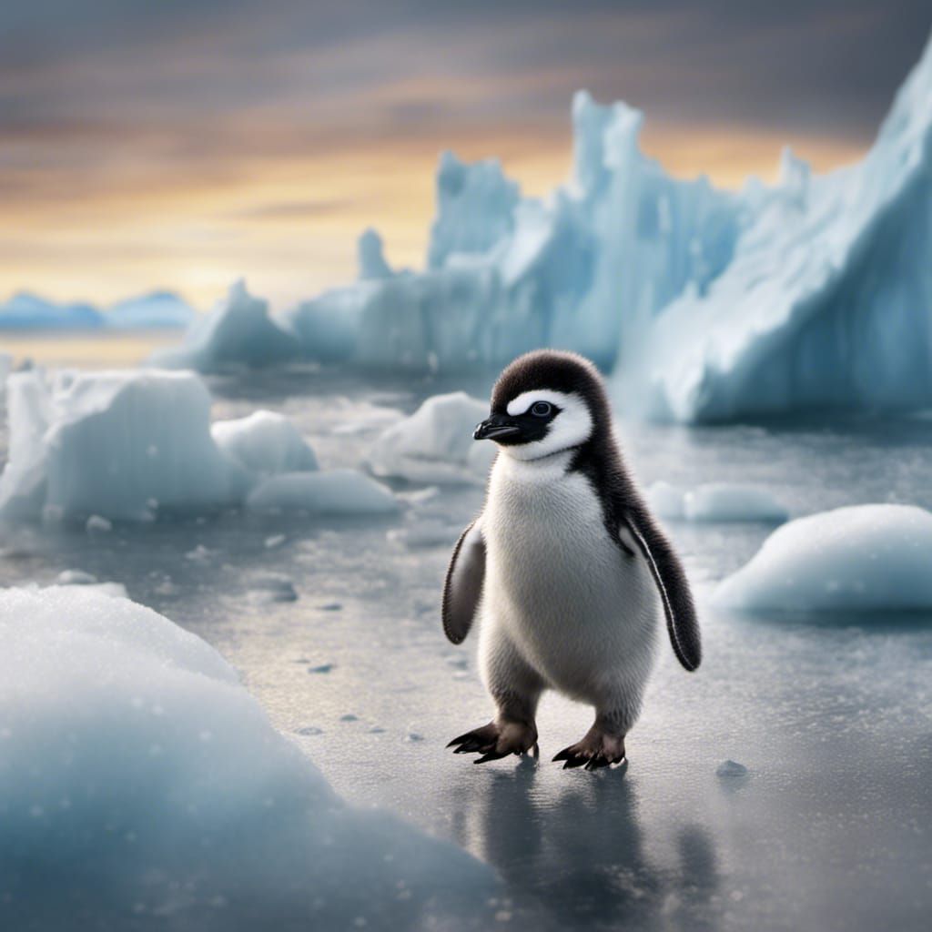 a charming scene of a baby penguin taking its first wobbly steps on the icy shores of Antarctica