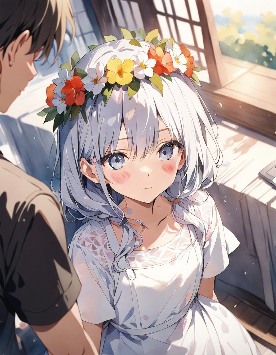 Anime Boy with Flower Crown Watercolor Illustration