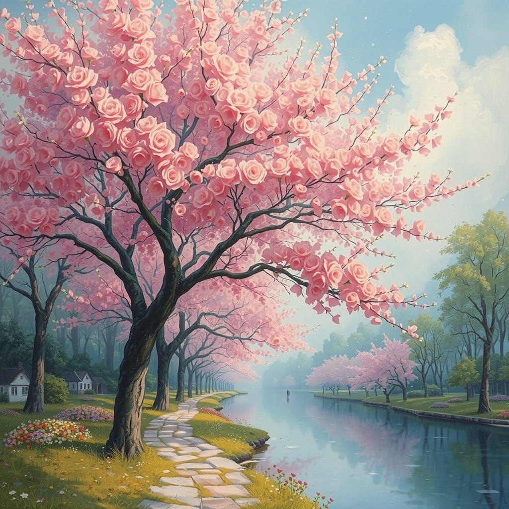 Pink Japanese Trees in Alphonse Mucha Watercolor