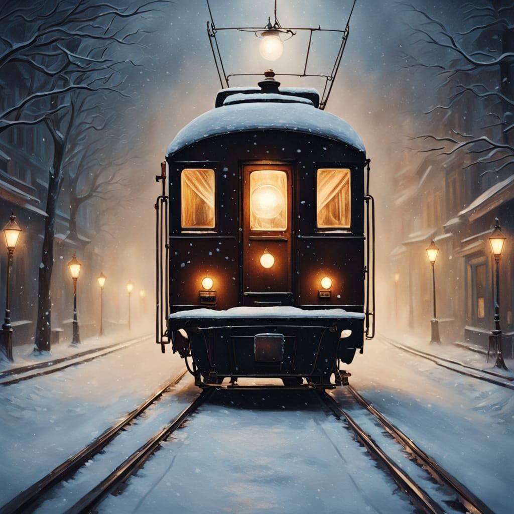 Antique Train Carriage in Dreamy Snowstorm Oil Painting