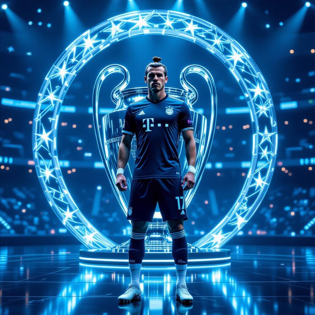 Futuristic Gareth Bale Monument with Champions League Trophy