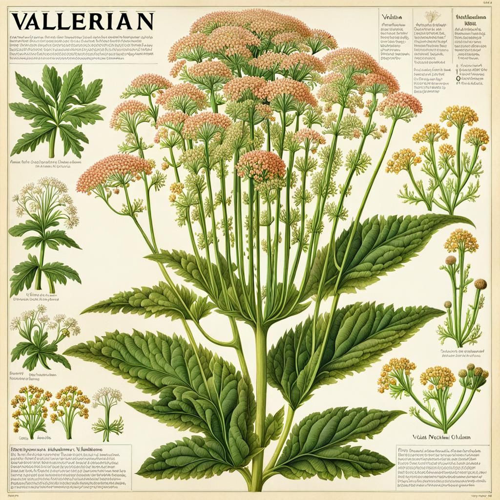 Valerian Plant Botanical Illustration with Medicinal Propert...