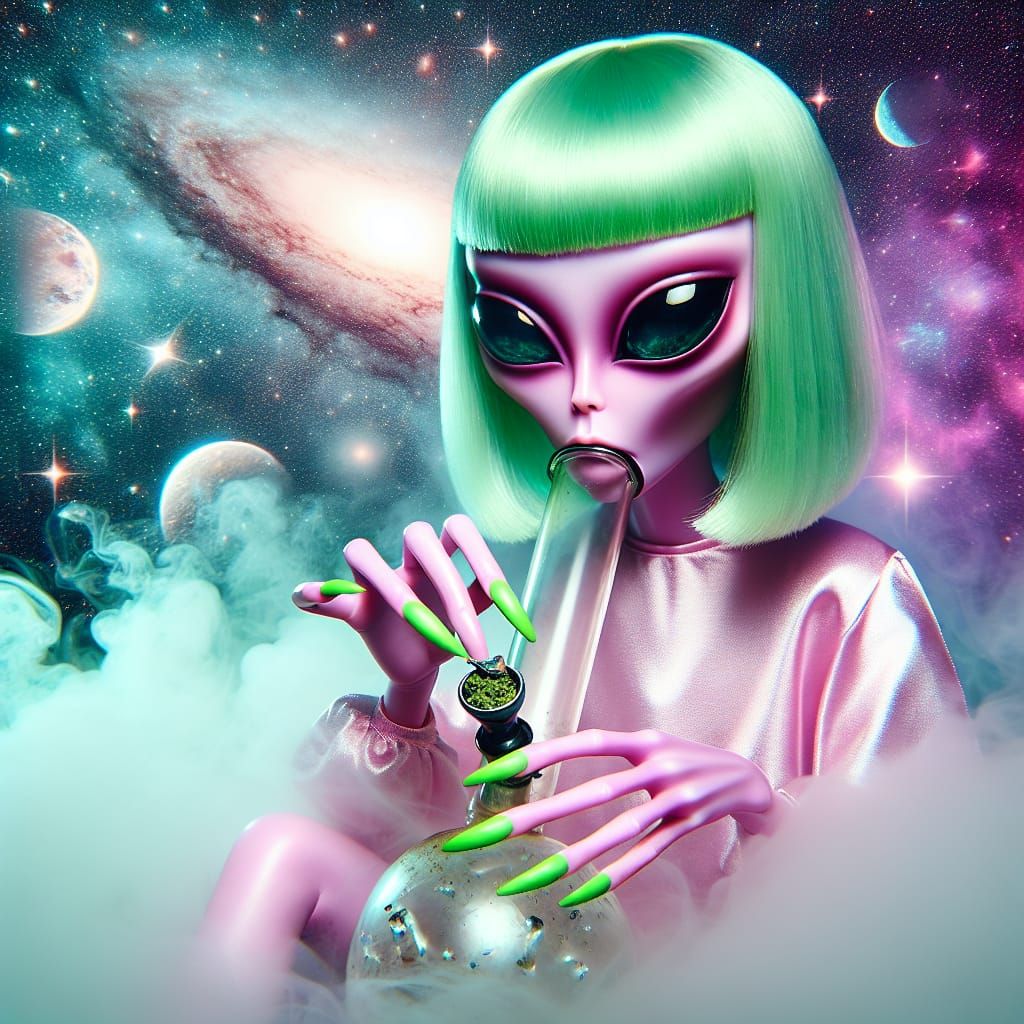 Pink Alien Woman Smoking Bong in Galaxy