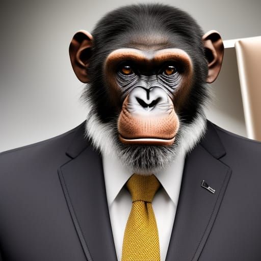 Chimpanzee in Business Suit Typing on Laptop