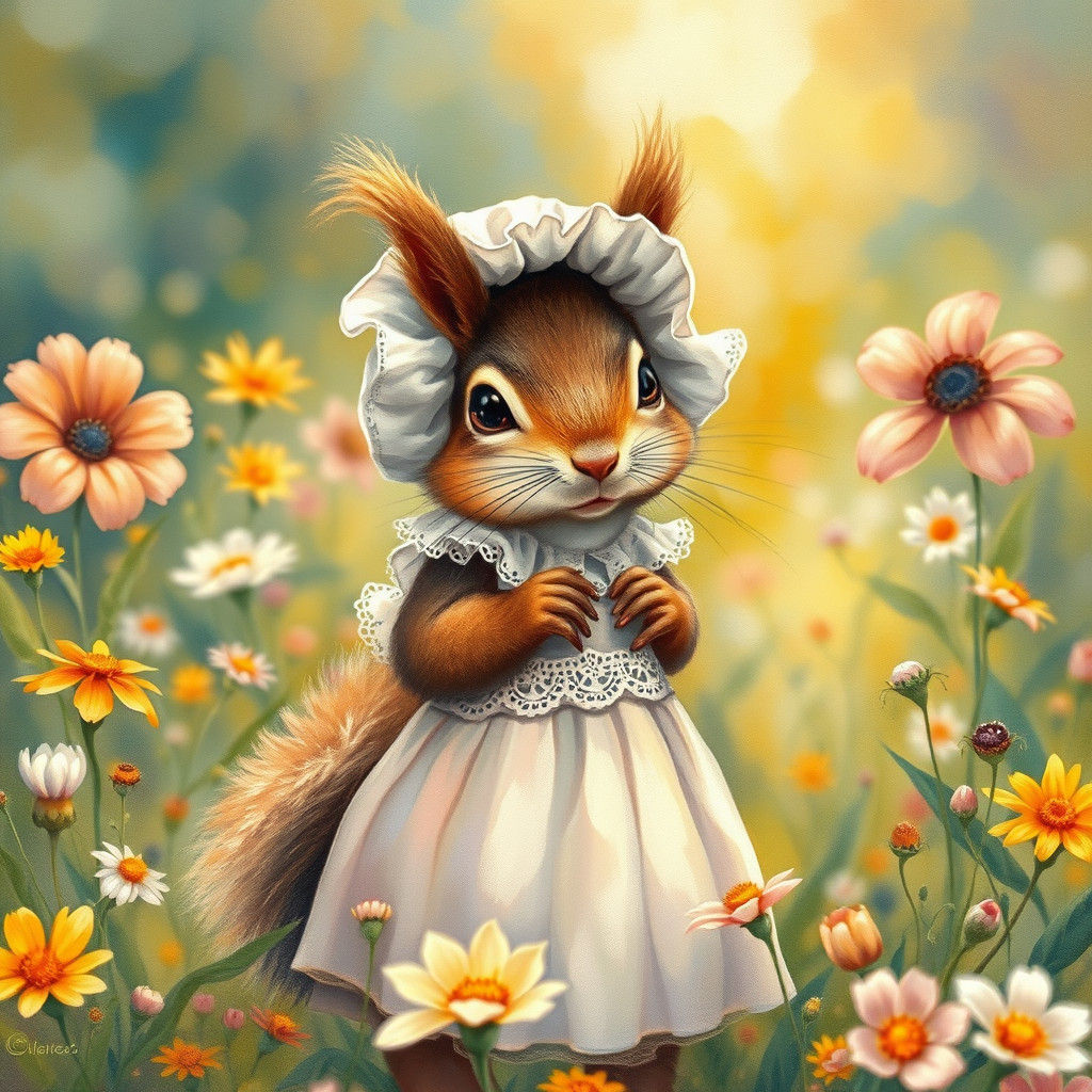 Squirrel in Bonnet and Dress, Impressionistic Gouache
