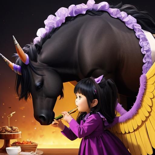 Winged Black Unicorn and Girl