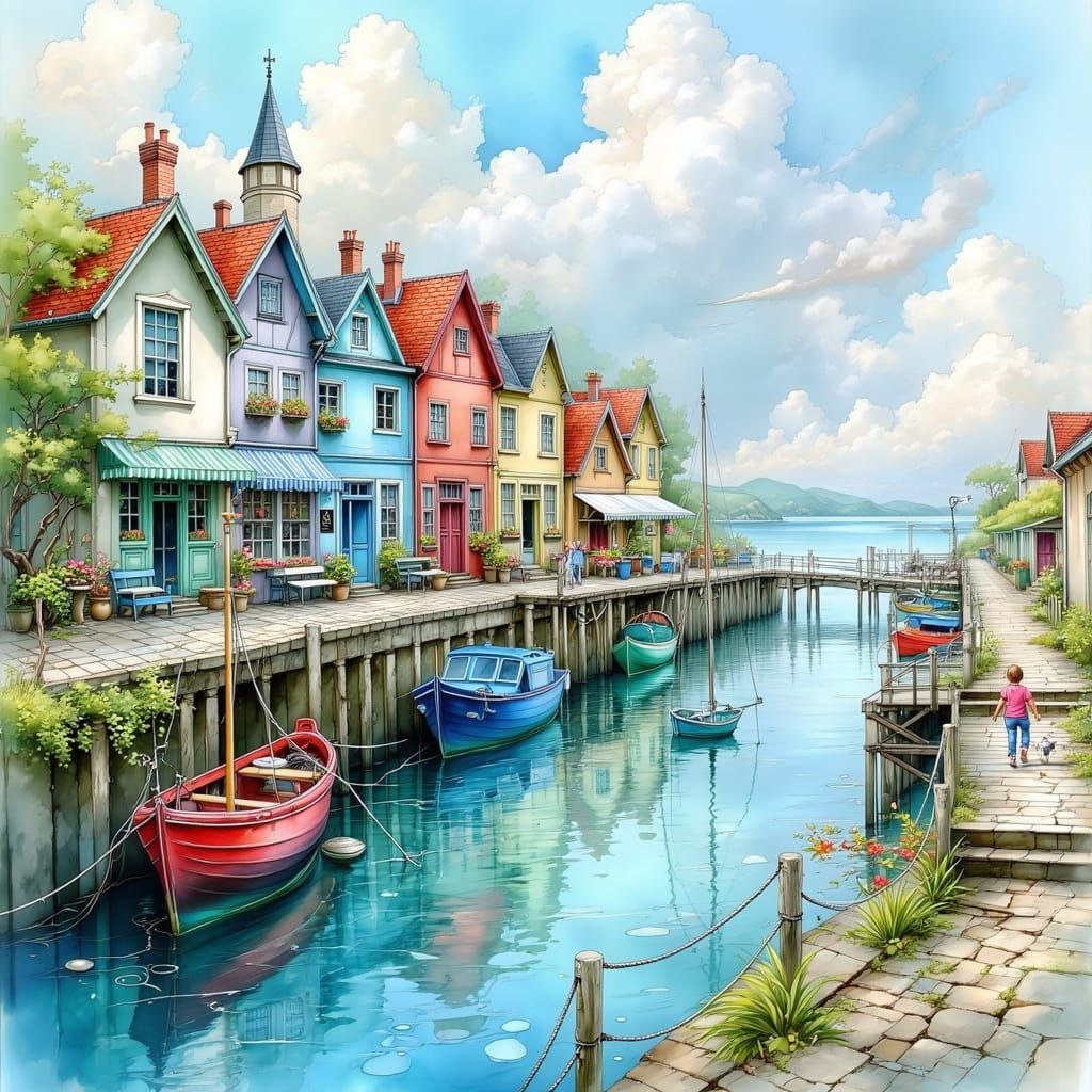 Colorful Port Town in Watercolour Style with Fishing Boats