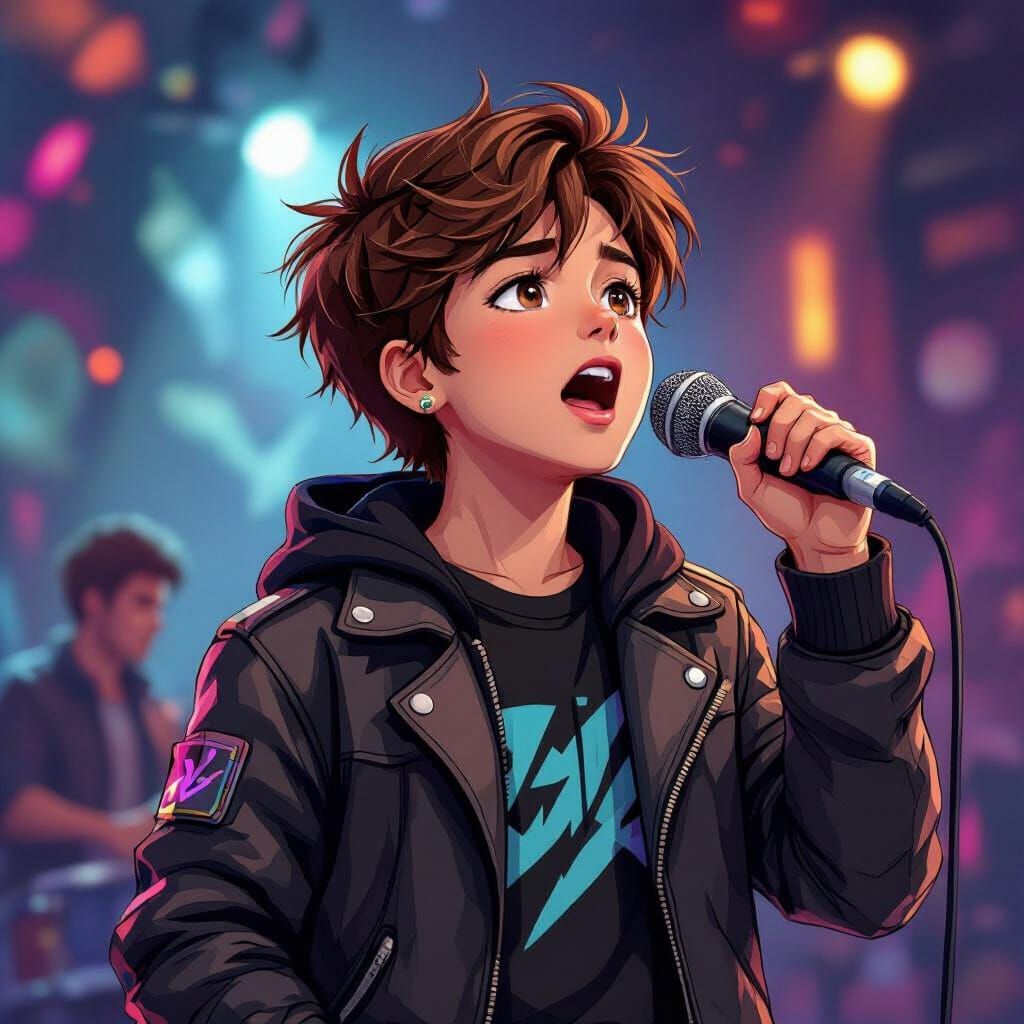 Boy Sings with Huntrix in Bold Artistic Style