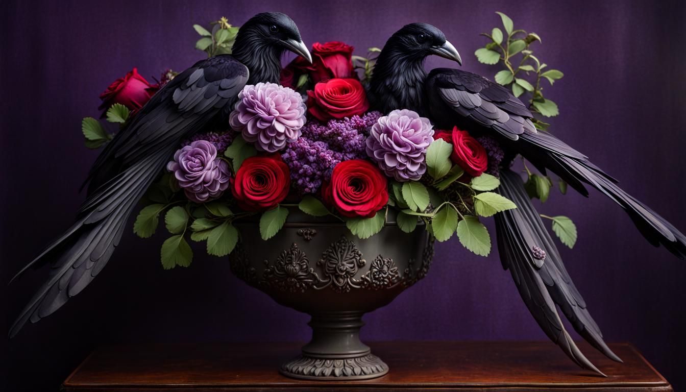 Gothic Flower Arrangement with Raven and Skull