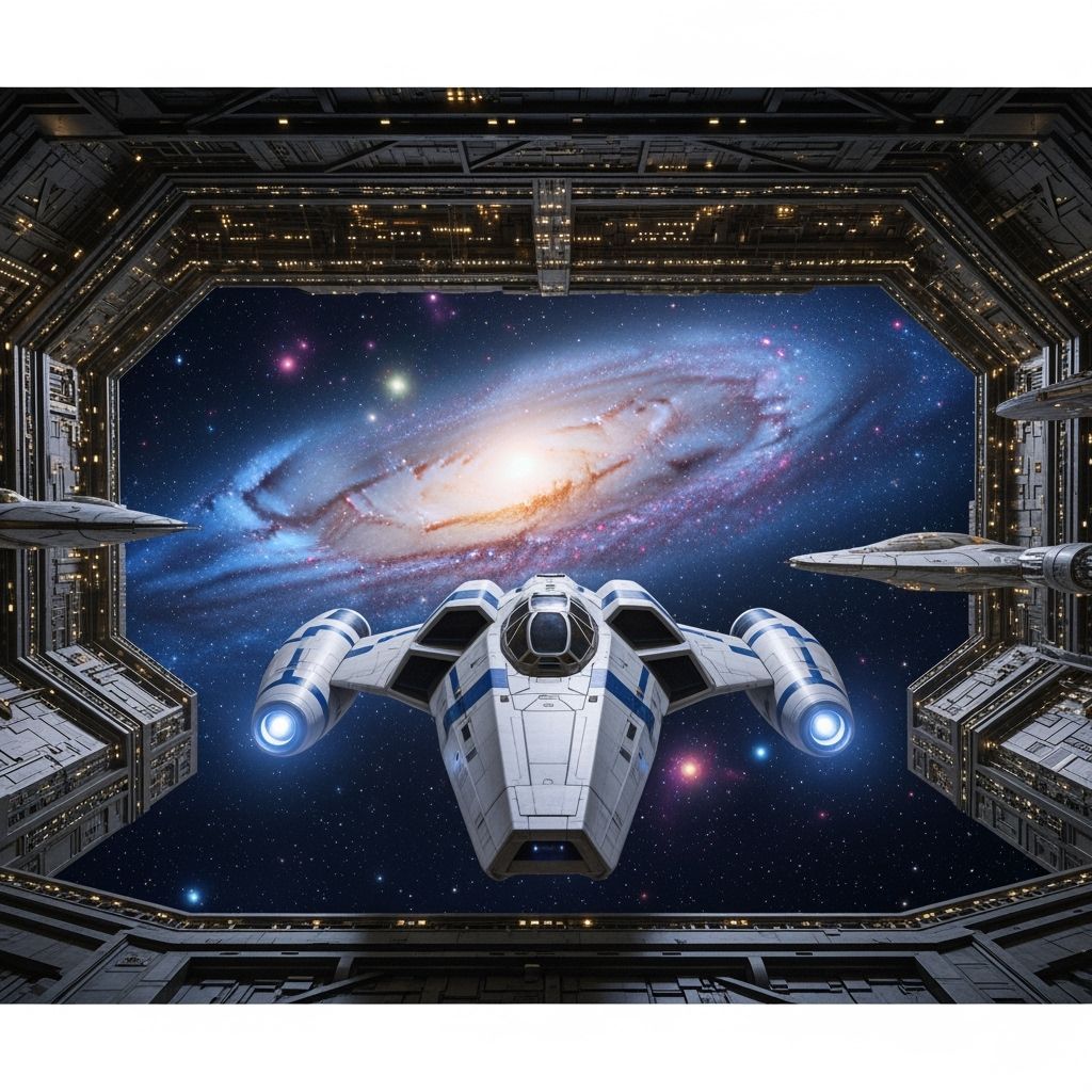 Babylon 5 Starfury Docked in Spacedock Against Galactic Back...