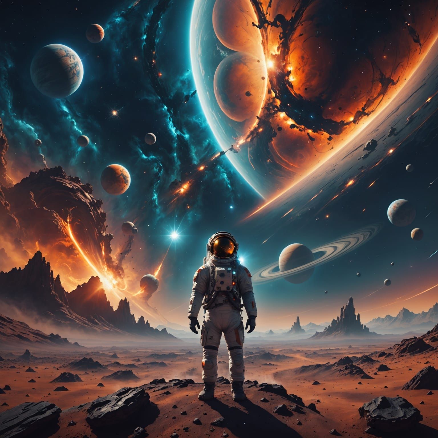 Astronaut Gazing at Nebula on Distant Planet