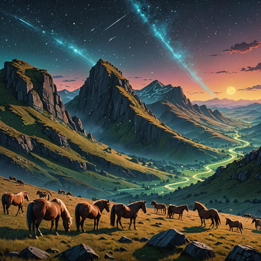 Starry Celtic Horses Over Welsh Mountain Ridge