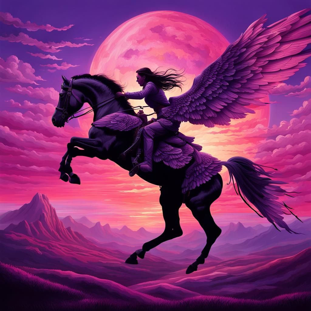 Winged Woman and Horse Soaring at Sunset