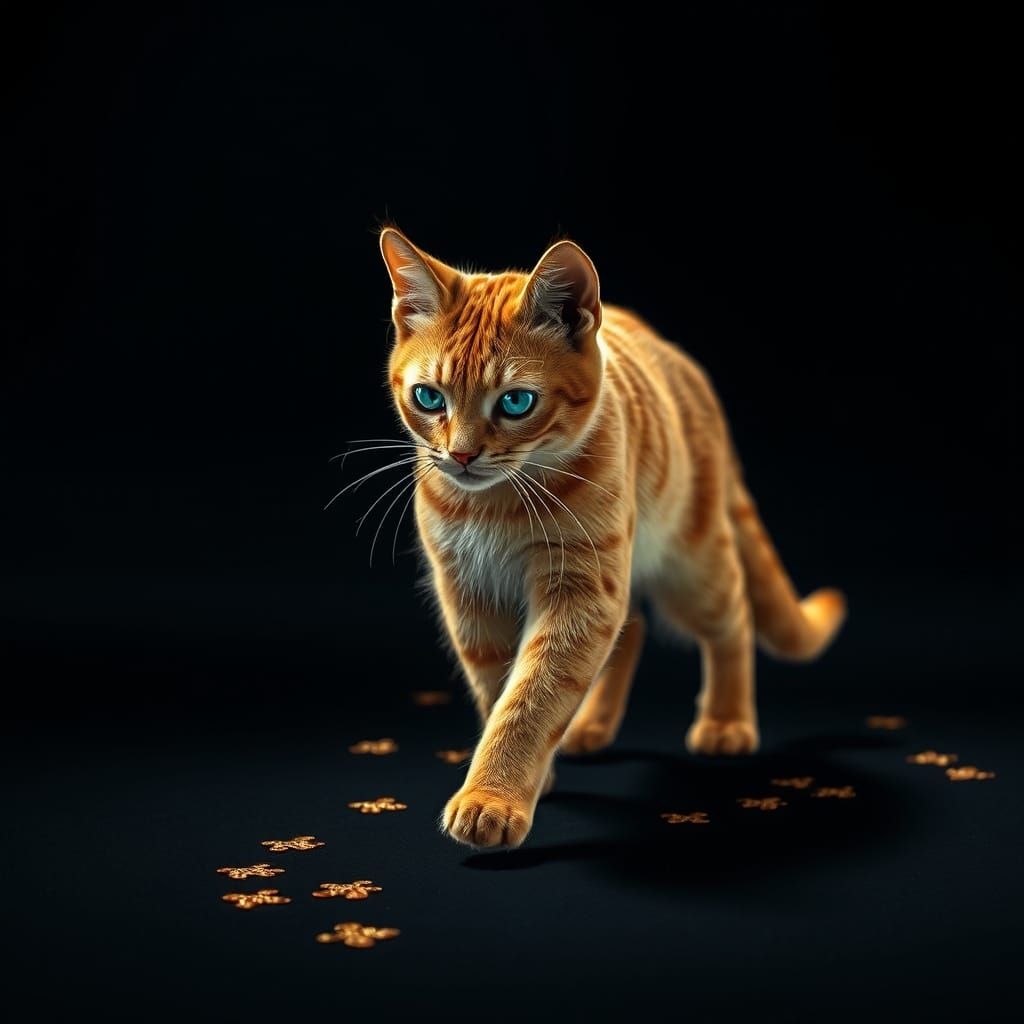 Golden Cat with Teal Eyes in Dramatic Lighting