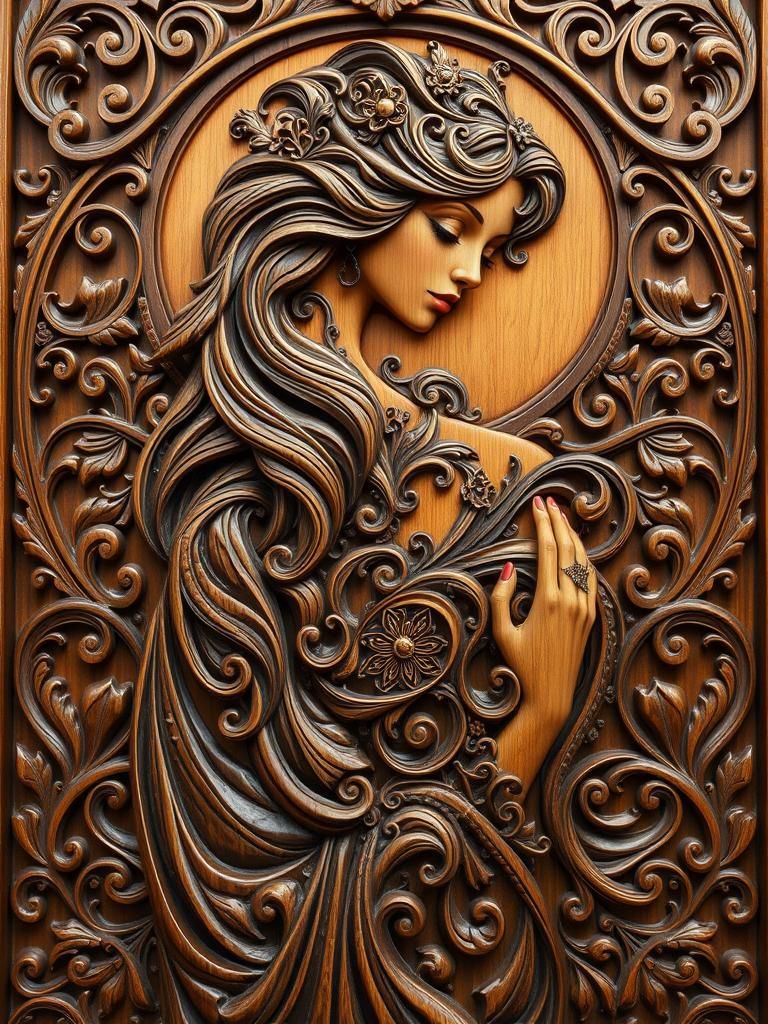 Art Nouveau Wood Carving of a Lady