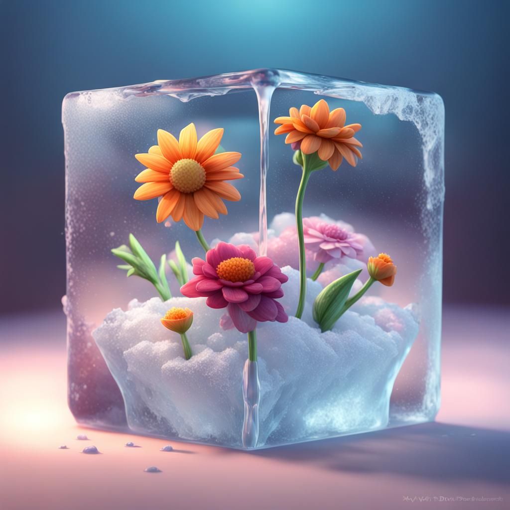 Frozen Flowers in Ice Cube: Pixar-Style 3D Art