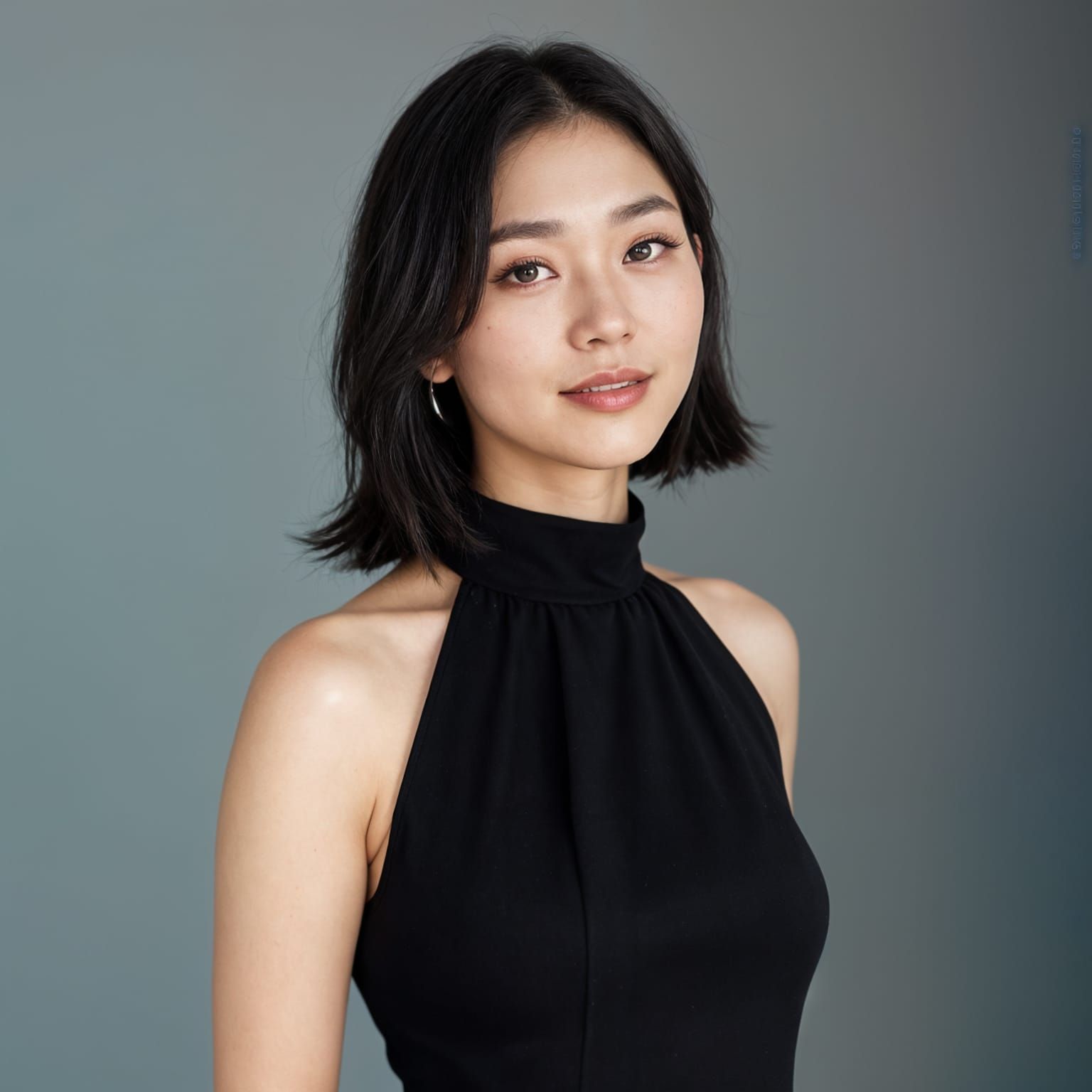 Elegant Portrait of Korean Woman in Black Dress