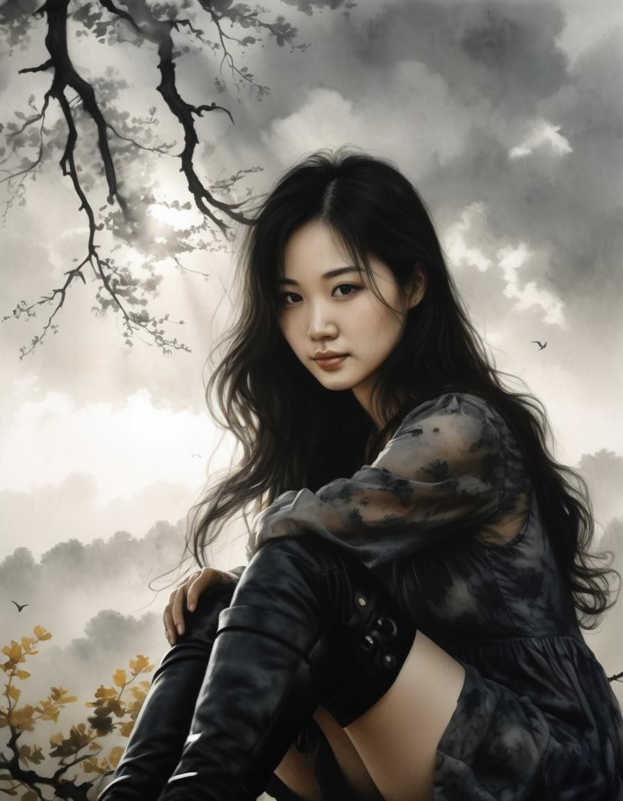 Surreal Watercolor: Korean Woman in Ginkgo Silhouette