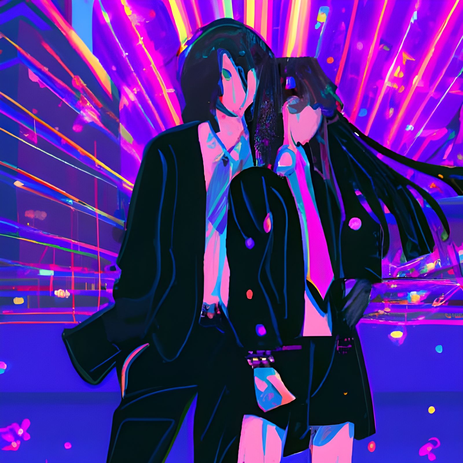 Hispanic Boy and Goth Girlfriend in Synthwave Anime Style