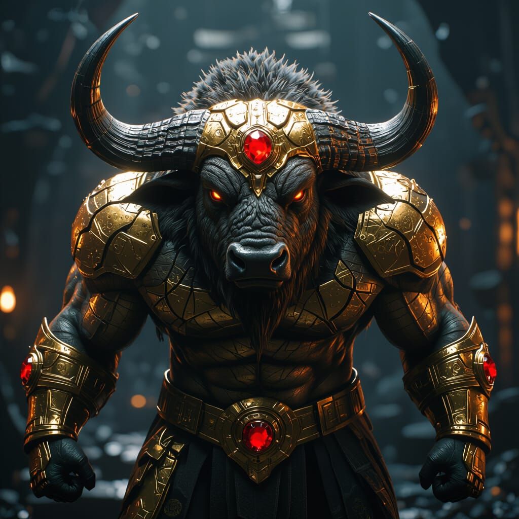 Hyperrealistic Armored Buffalo with Glowing Skin and Red Gem...