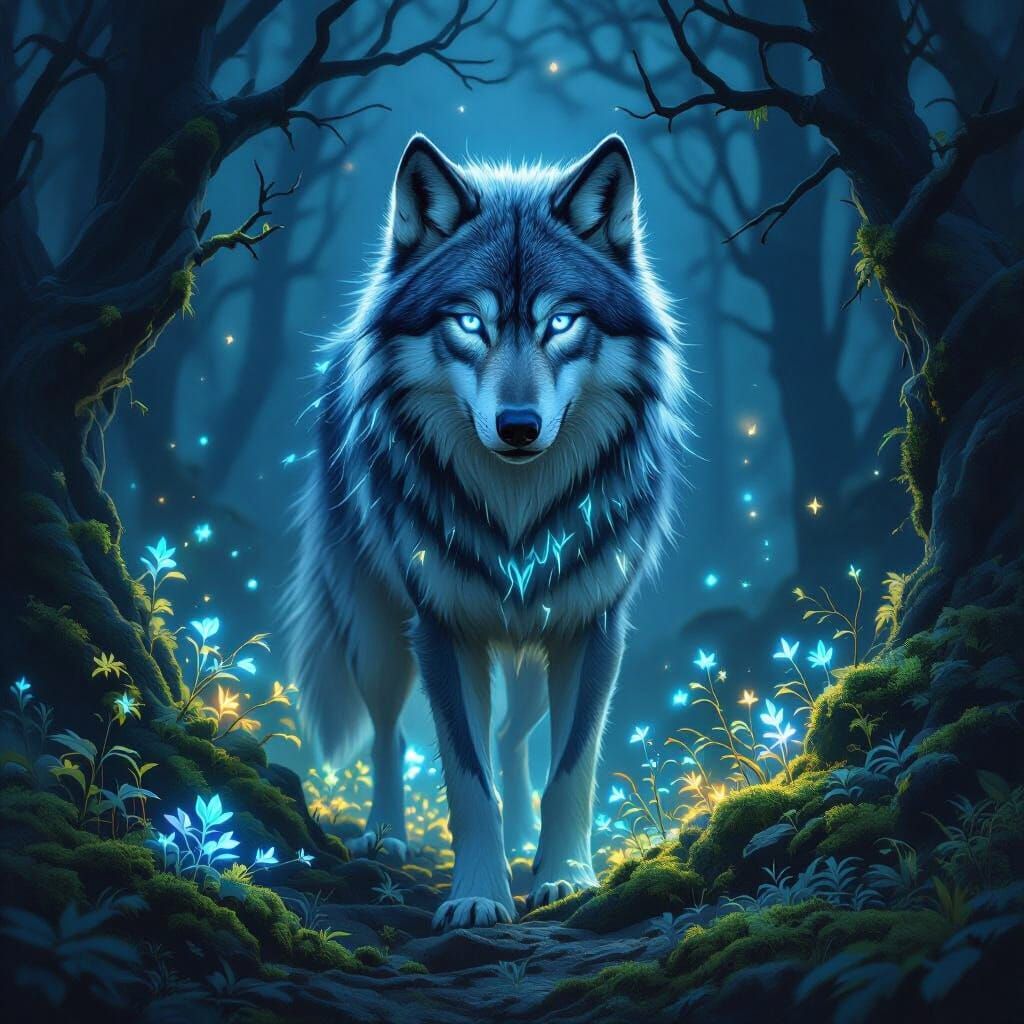 Spiritual Wolf in Glowing Forest at Night