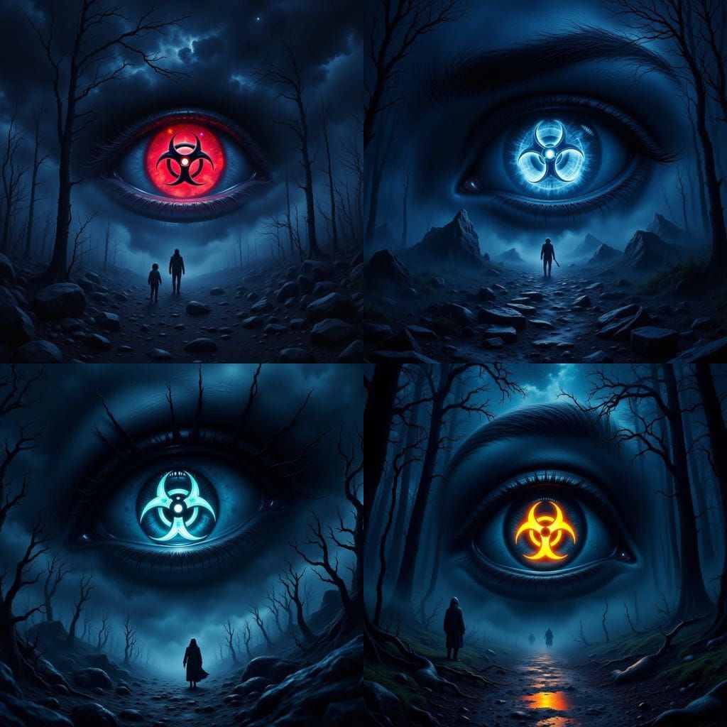 Gothic Horror Eye with Biohazard Sign in Night Sky