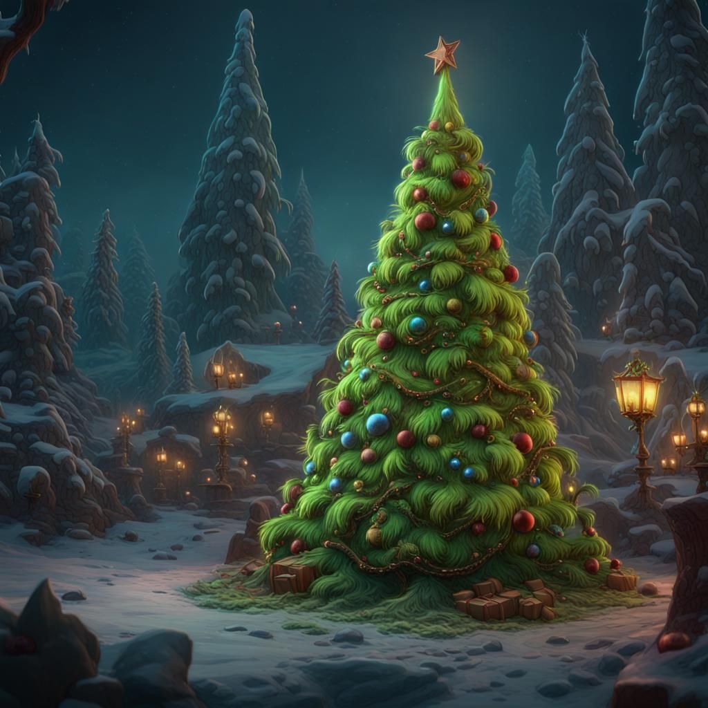 Grinch Christmas tree detailed matte painting, deep color, fantastical, intricate detail, splash screen, complementary c...